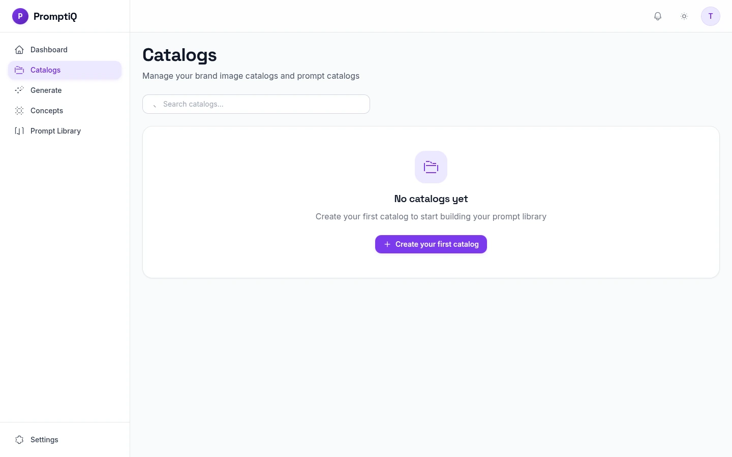 PromptiQ Catalogs Page and New Catalog Creation Modal