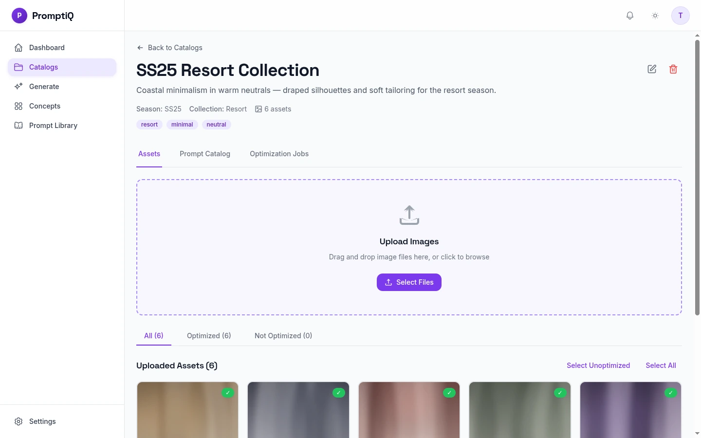 Catalog Asset Upload Dropzone and Grid View