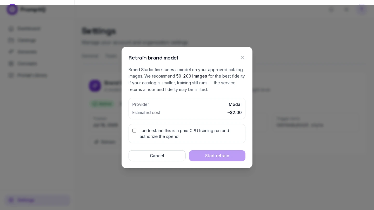 Brand Studio Training Modal and Cost Acknowledgement Checkbox